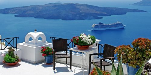 island, greece, ship, cruise ship, passenger ship, cruise, sea, ocean, santorini, greek, water, garden, chairs, potted plants, santorini, santorini, santorini, santorini, santorini